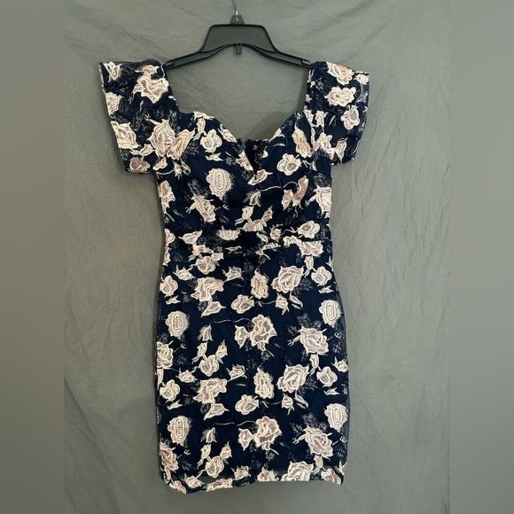 Soieblu Navy & Ivory Floral Off-The-Shoulder Ruched Mini Dress - Large NWT - Picture 2 of 5